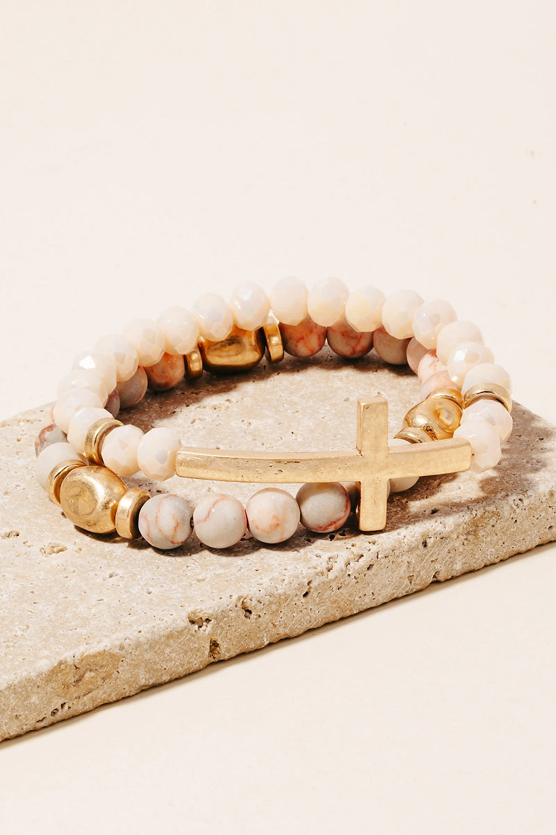 Pink Stone Cross Bracelet Set