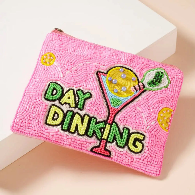 "Day Dinking" Pink Beaded Pouch