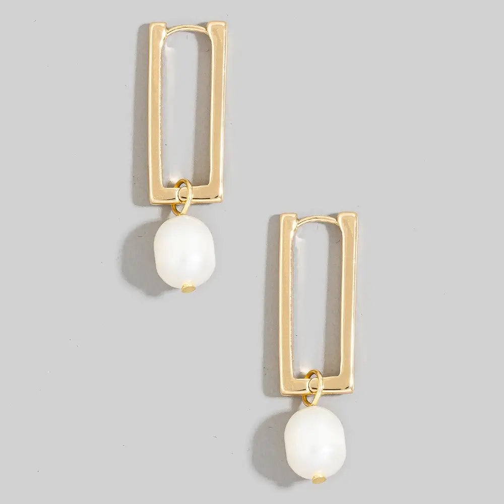 Gold Rectangle Pearl Earrings