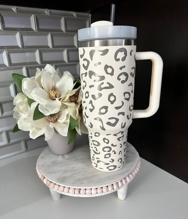 White Leopard 40oz Stainless Steel Cup w/ Straw
