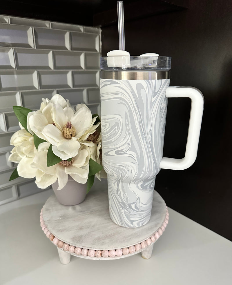 White Marble 40oz Stainless Steel Cup w/ Straw