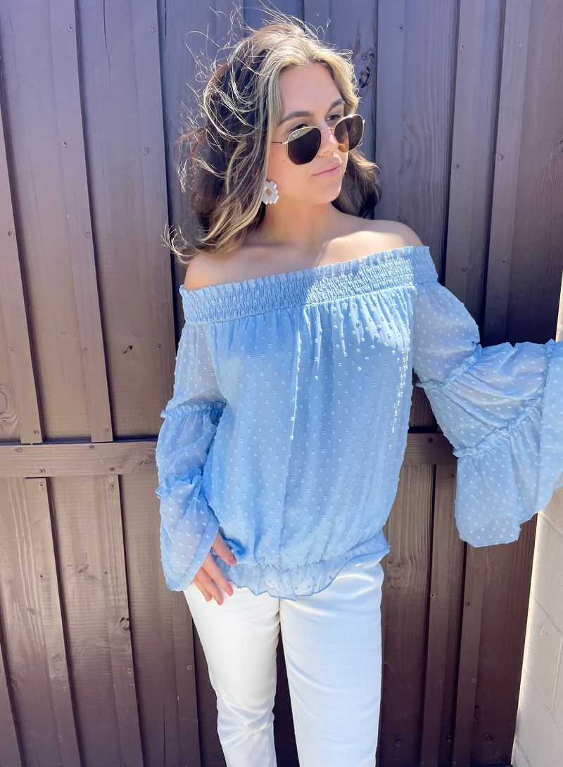 Sky Swiss Dot Off The Shoulder Top