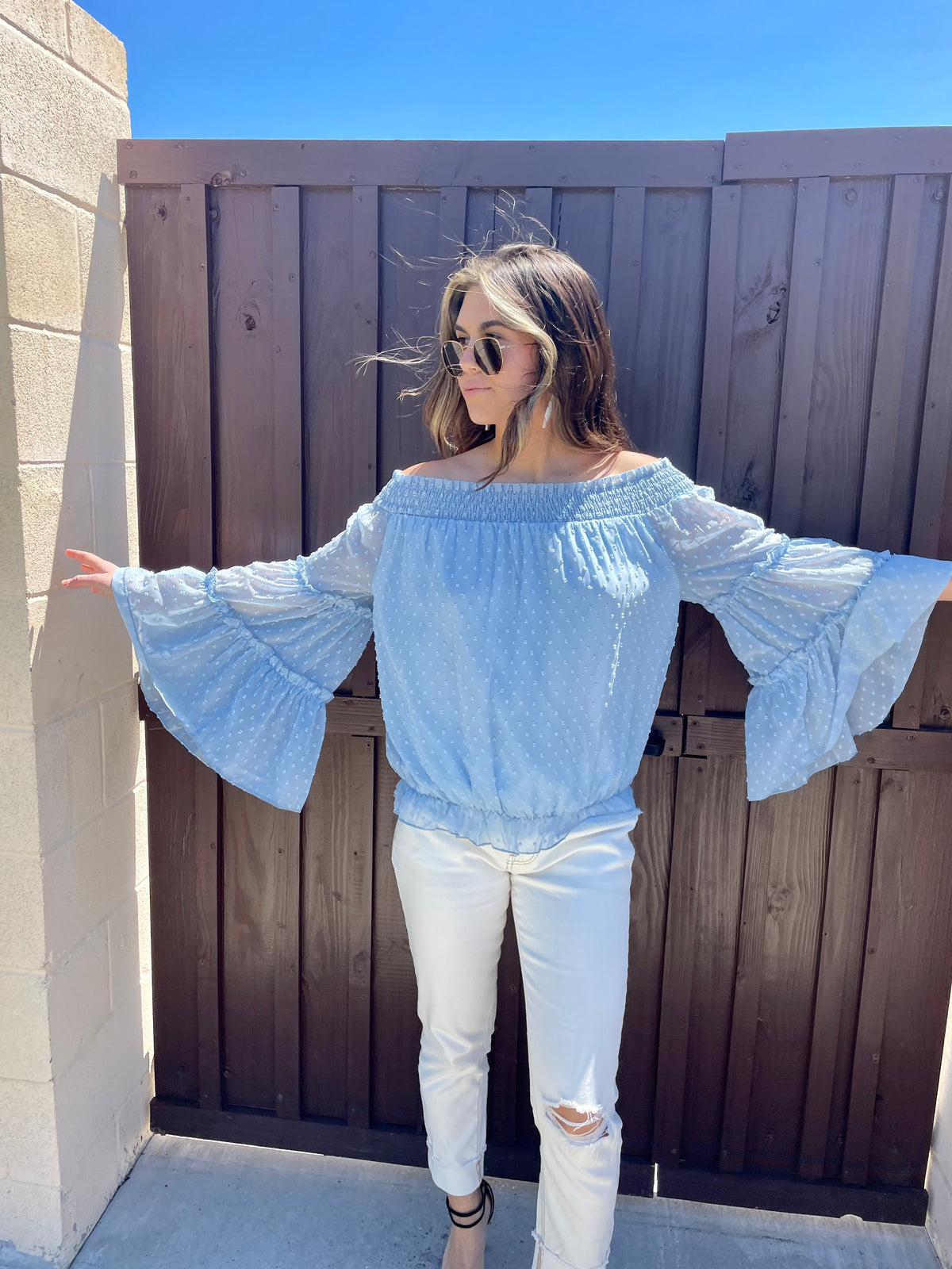 Sky Swiss Dot Off The Shoulder Top