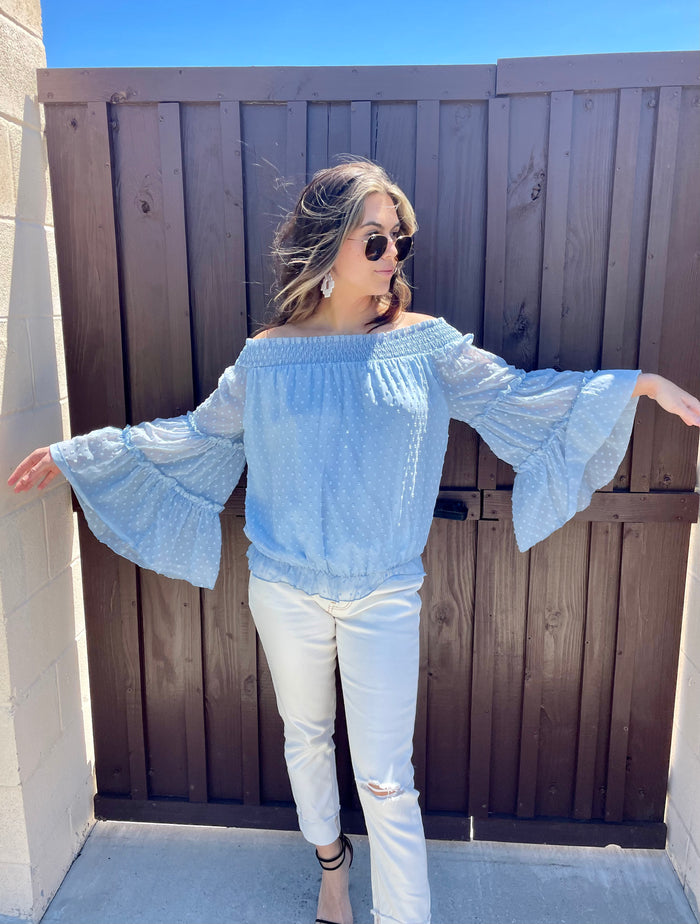 Sky Swiss Dot Off The Shoulder Top