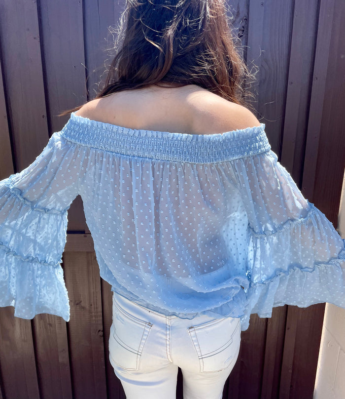 Sky Swiss Dot Off The Shoulder Top