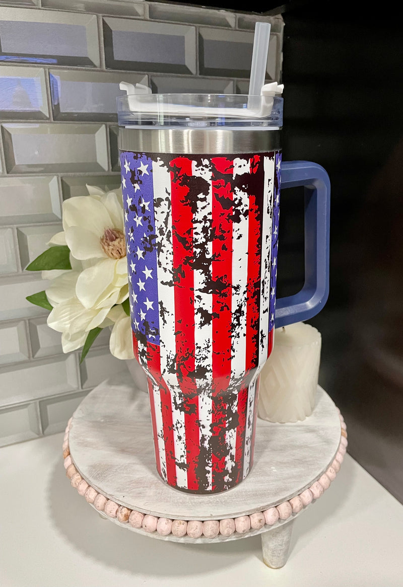 Flag Print 40oz Stainless Steel Cup w/ Straw