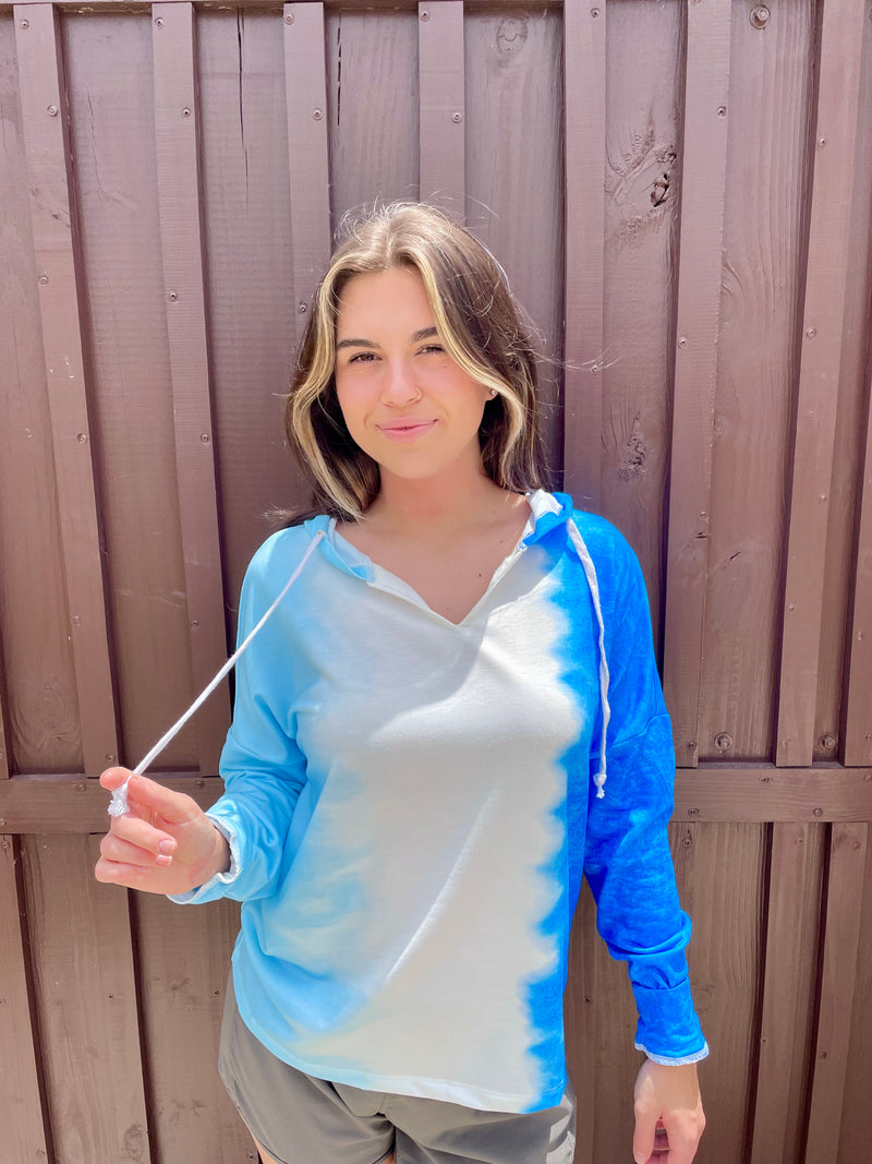 White and Blue Tie Dye Colorblock Hoodie