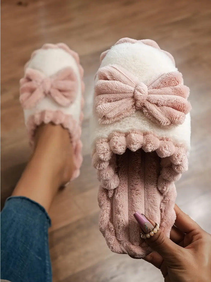 Plush White And Pink Bow Slippers