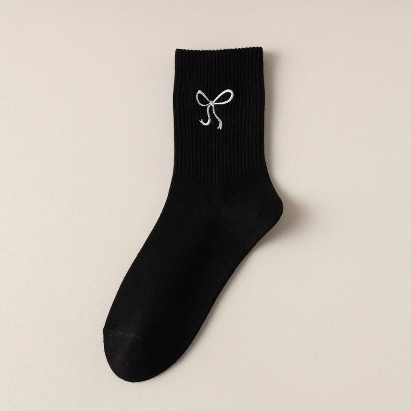 Women's Embroidered Bow Socks (Black)