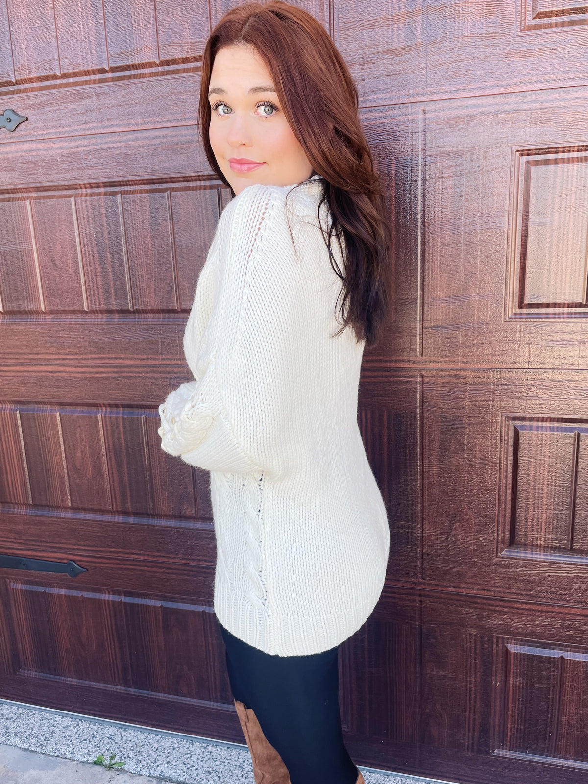 Cream High Neck Sweater with Cut Out Sleeves