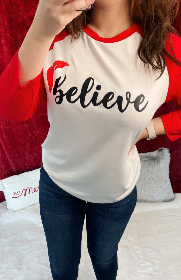 Red & White "Believe" Color Block Long Sleeve Tee