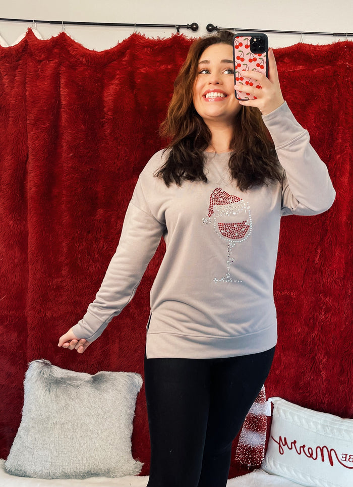 Grey Christmas Rhinestone Wine Glass Sweatshirt