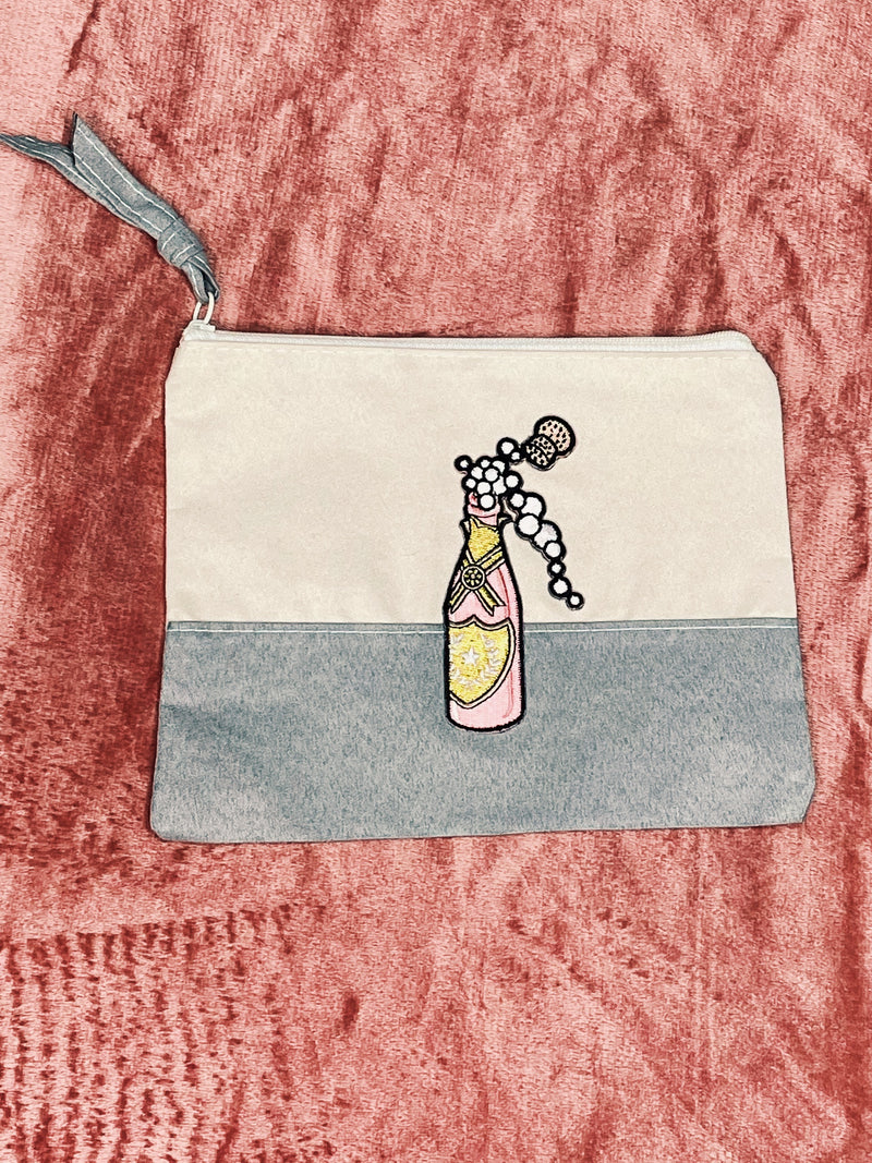 Lined Makeup Bag with Champagne Bottle Patch