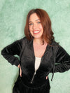 Zenana Black Velvet Zip Up Cropped Hoodie and Shorts Set