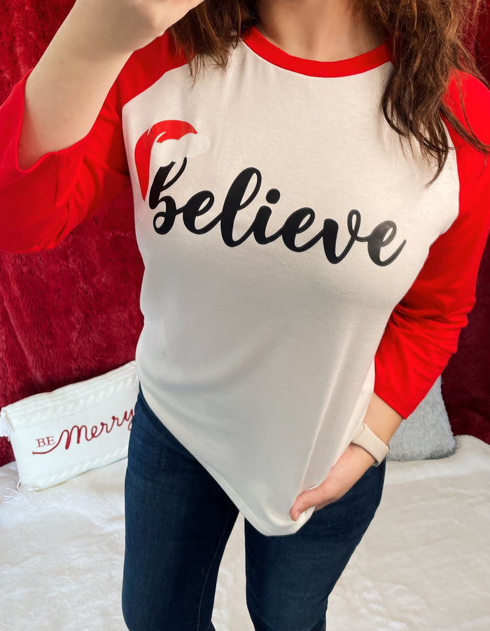 Red & White "Believe" Color Block Long Sleeve Tee