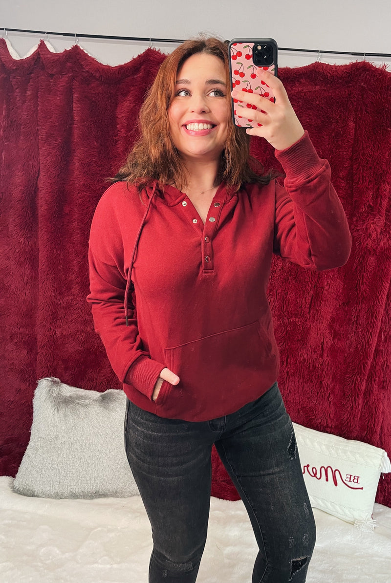 Maroon Snap Button Pullover Hoodie