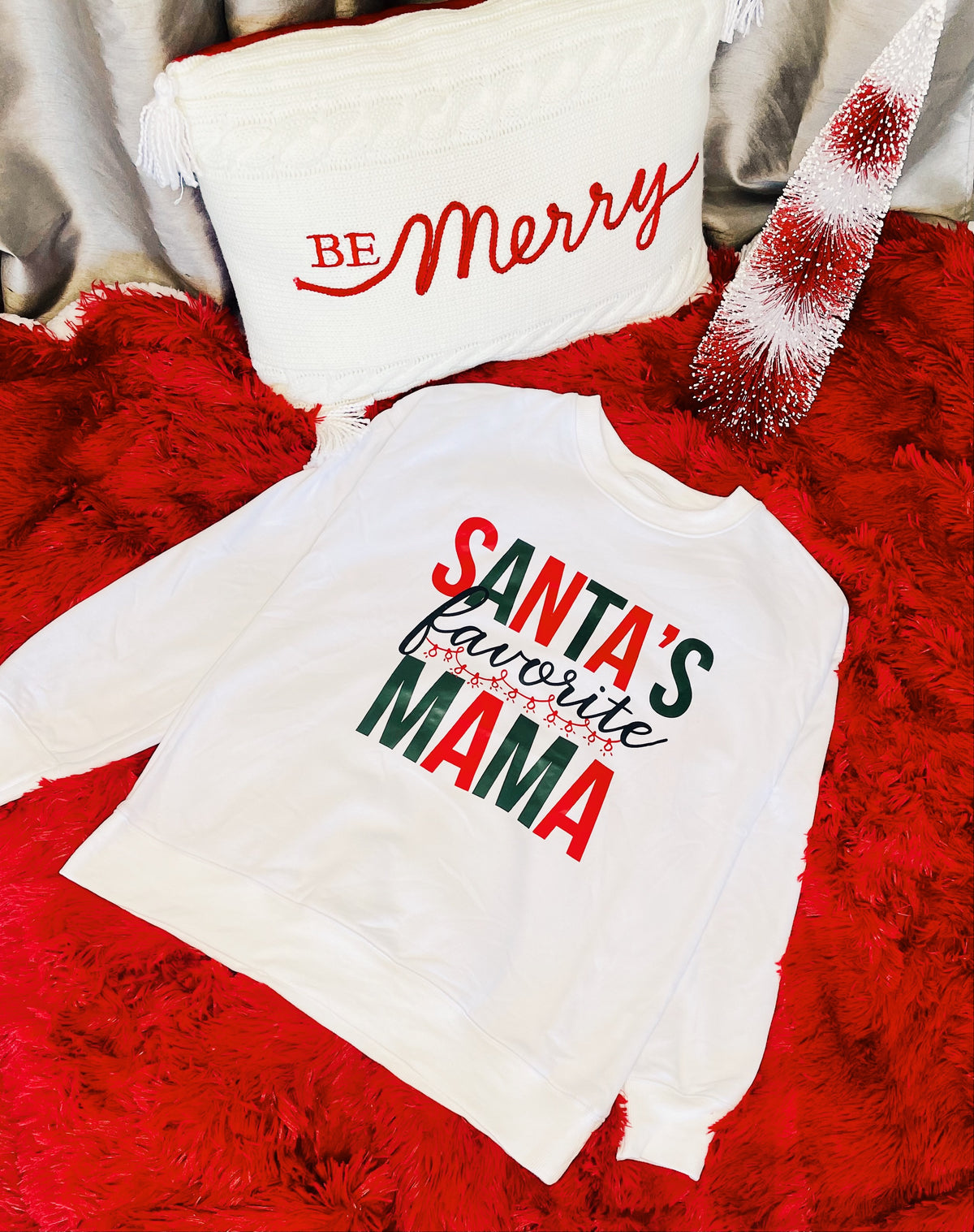 White "Santa's Favorite Mama" Long Sleeve Sweatshirt