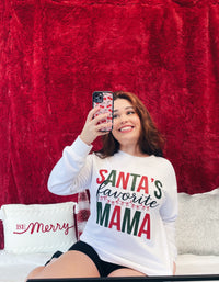 White "Santa's Favorite Mama" Long Sleeve Sweatshirt