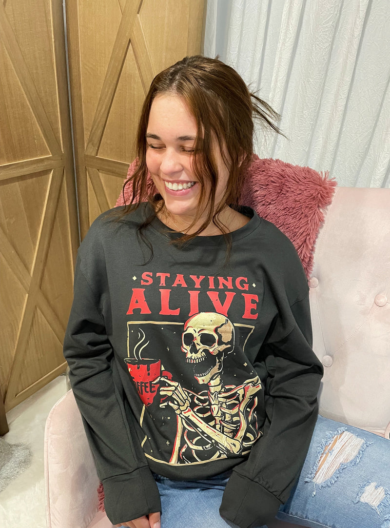 "Staying Alive" Dark Gray Skeleton Sweatshirt