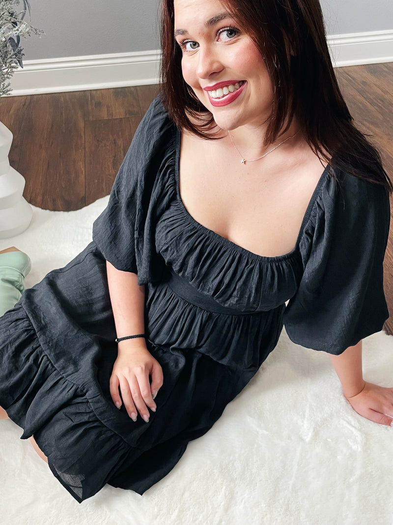 Black Square Neck Ruffled Mini Dress
