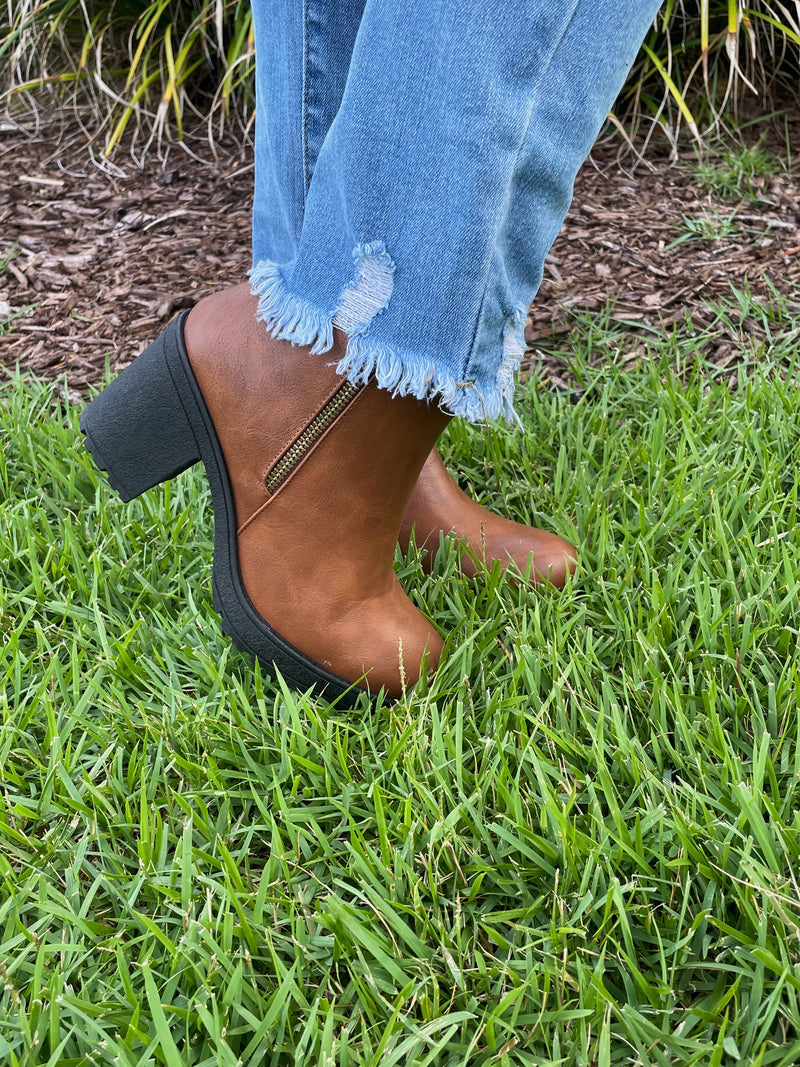 Tan Faux Leather Chunky Heeled Booties