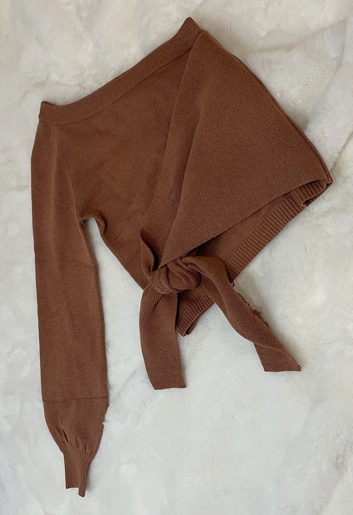 Brown Tie Knot One Shoulder Knitted Sweater