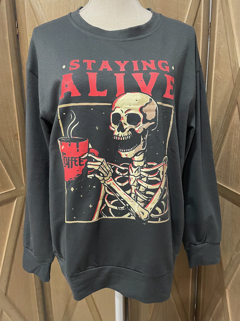 "Staying Alive" Dark Gray Skeleton Sweatshirt