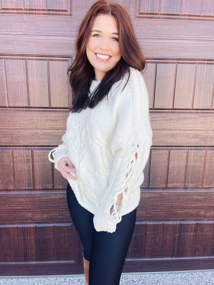 Cream High Neck Sweater with Cut Out Sleeves