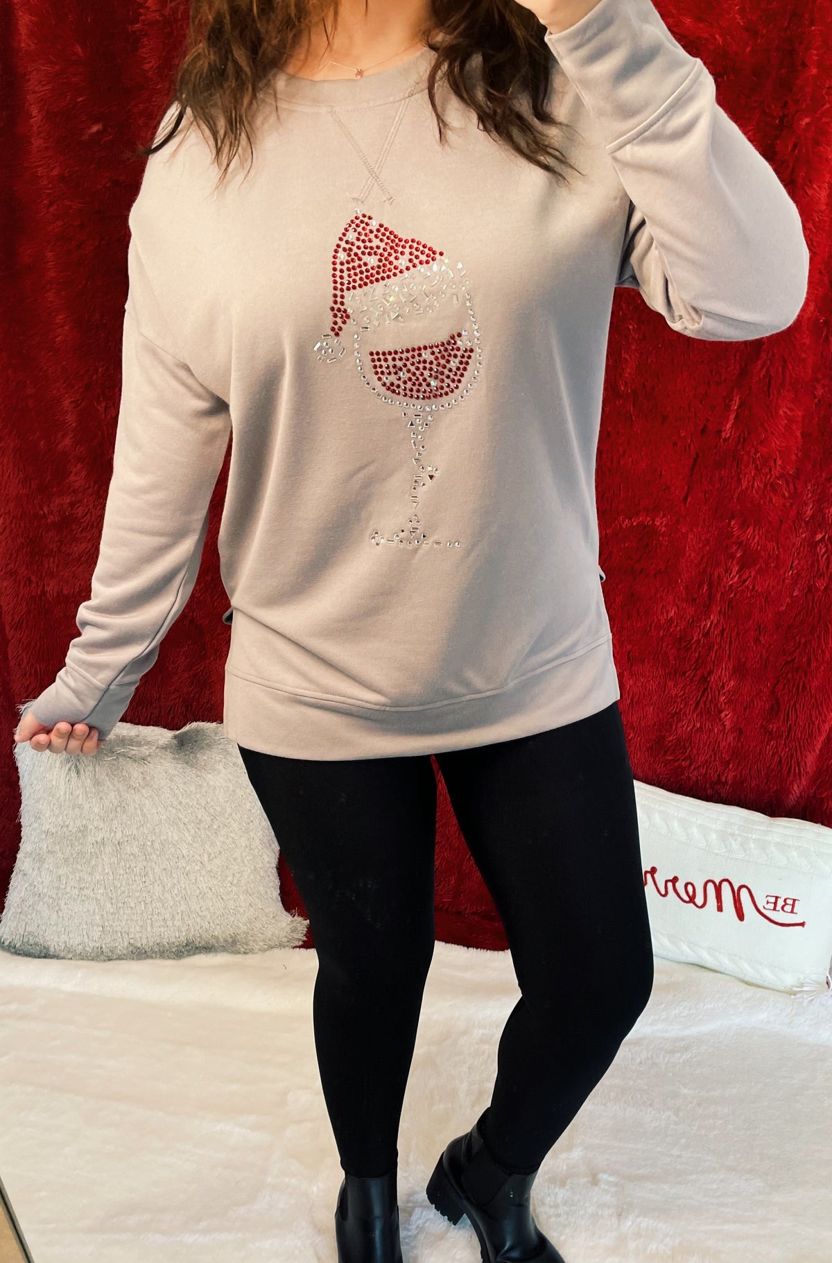 Grey Christmas Rhinestone Wine Glass Sweatshirt