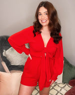 Red Tie Front Long Sleeve Romper