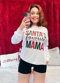 White "Santa's Favorite Mama" Long Sleeve Sweatshirt