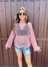 Pink Crochet Knit Long Sleeve Top