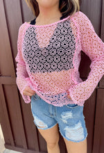 Pink Crochet Knit Long Sleeve Top