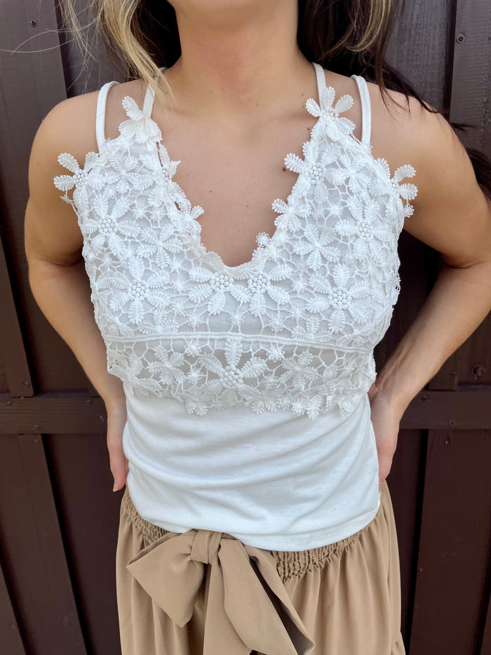 White Strappy Tank with Lace Overlay