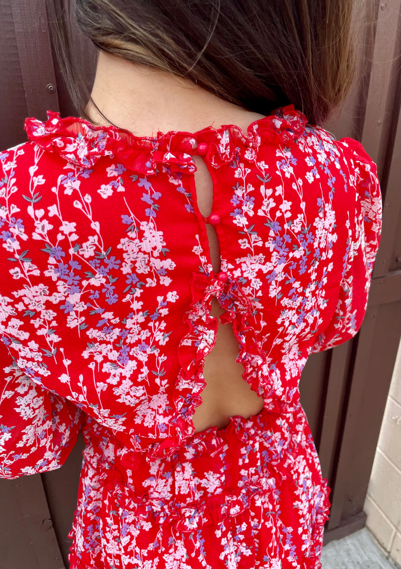Red Ruffle Open Back Floral Dress