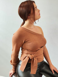 Brown Tie Knot One Shoulder Knitted Sweater