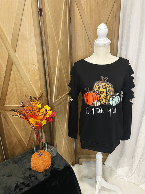 Black "It's Fall Y'all" Graphic Leopard Pumpkin Sweatshirt